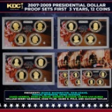2007-2009 Presidential Dollar Proof Sets First  3 Years, 12 Coins In Original Government Packaging