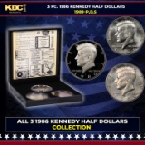 Complete 3 PC. 1986 Kennedy Half Dollar 50c set In Custom Box W/ Special Backer Card BU & Proof C...