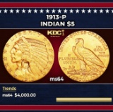 1913-p Gold Indian Half Eagle $5 ms64 USCG