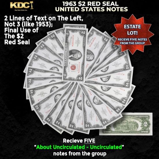 5x 1963 $2 Red Seal United States Note Grades AU/CU