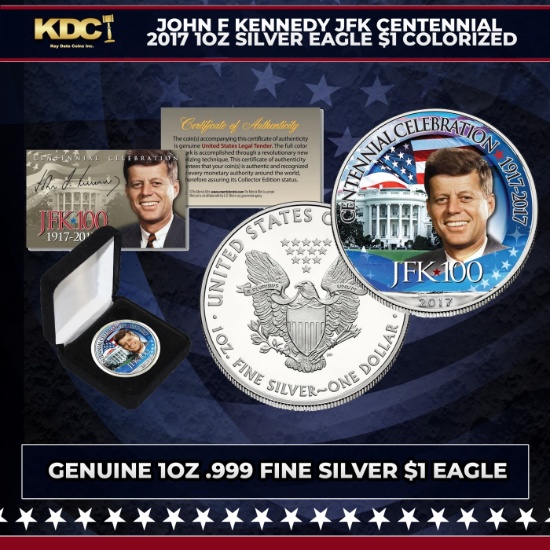 John F Kennedy JFK Centennial 2017 1oz Silver Eagle $1 Colorized Other Toy