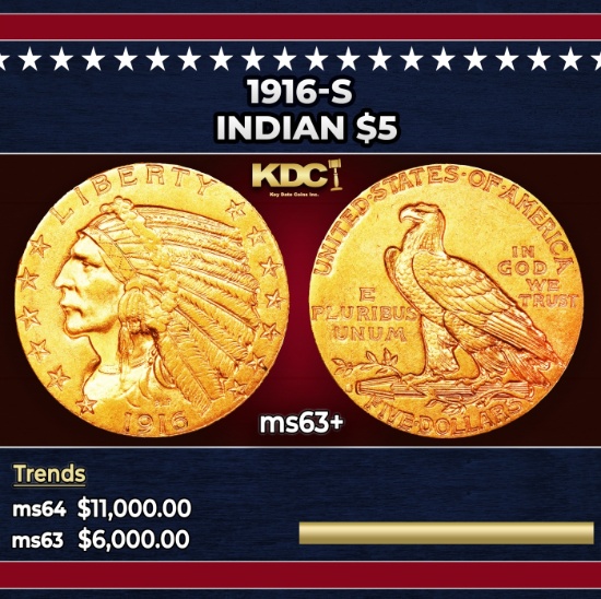 1916-s Gold Indian Half Eagle $5 ms63+ USCG