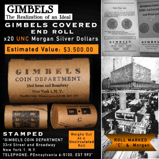 20 GIMBLES Silver Dollar Roll Morgan UNC C