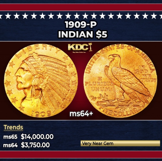 1909-p Gold Indian Half Eagle $5 ms64+ USCG