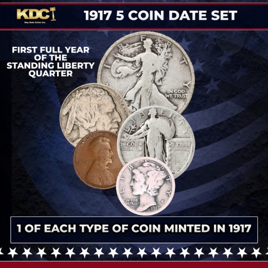 1917 5 Coin Date Set, 1 Of Each Type Of Coin Minted in 1917