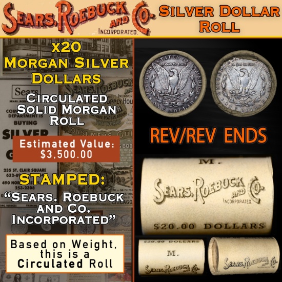 20 Silver Dollars Morgan SEARS Roll Circ 'P' Rev/'P' Rev Ends
