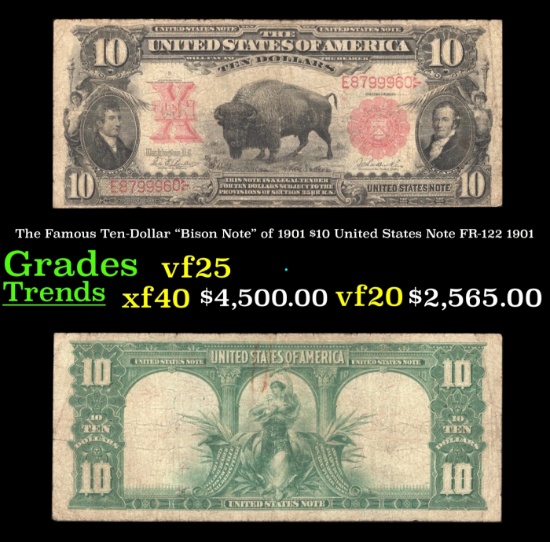 The $10 United States Note Famous Ten-Dollar "Bison Note" of 1901 FR-122 Grades vf+ 1901
