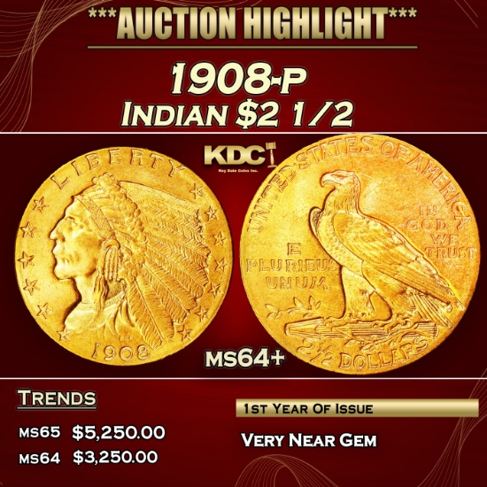 1908-p Gold Indian Quarter Eagle $2 1/2 ms64+ SEGS
