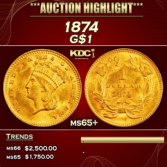 1874 Gold Dollar $1 ms65+ SEGS