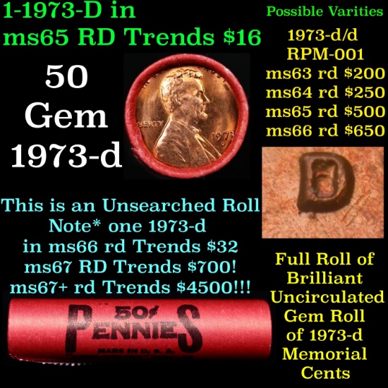 BU Shotgun Lincoln 1c roll, 1973-d 50 pcs Bank Wrapper 50c