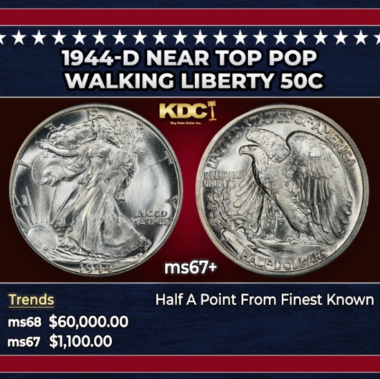 1944-d Walking Liberty Half Dollar Near Top Pop 50c ms67+ SEGS
