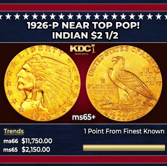 1926-p Gold Indian Quarter Eagle Near Top Pop! $2 1/2 ms65+ SEGS