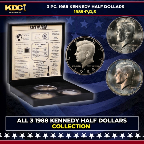Complete 3 PC. 1988 Kennedy Half Dollar 50c set In Custom Box W/ Special Backer Card BU & Proof C...