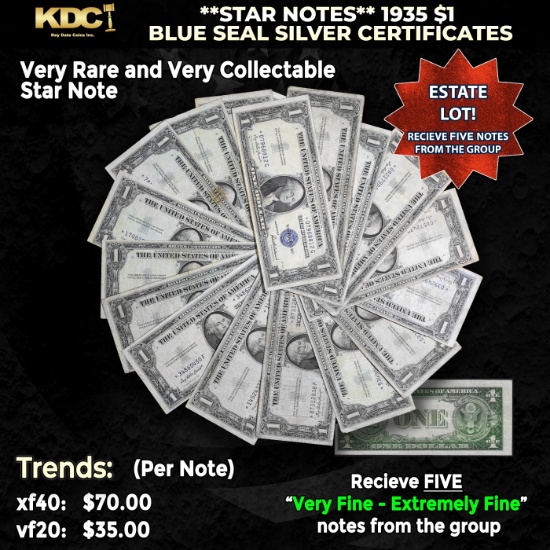 5x **STAR NOTES** 1935 $1 Blue Seal Silver Certificates Grades VF/XF