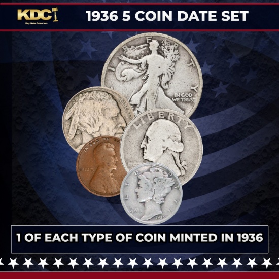 1936 5 Coin Date Set, 1 Of Each Type Of Coin Minted in 1936