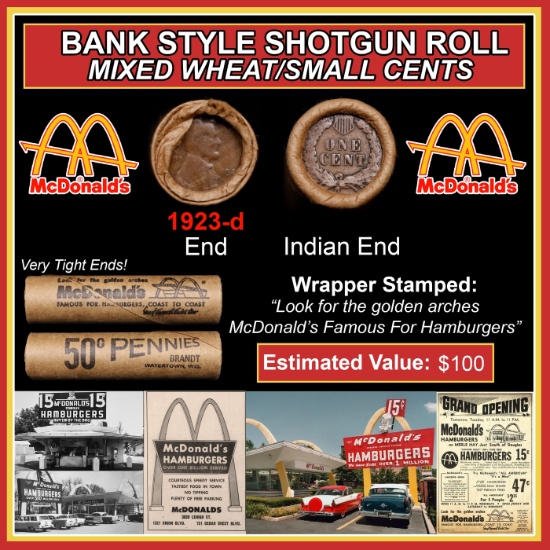 Lincoln Wheat Cent 1c Mixed Roll Orig Brandt McDonalds Wrapper, 1923-s end, Indian other end