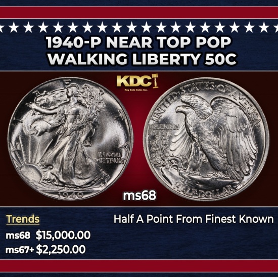 1940-p Walking Liberty Half Dollar Near Top Pop 50c ms68 SEGS