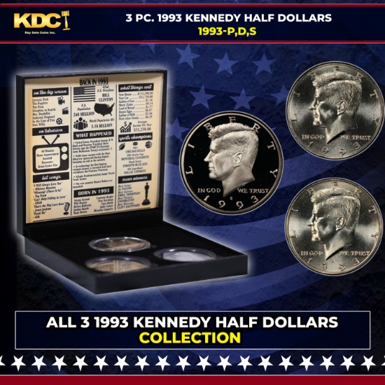 Complete 3 PC. 1993 Kennedy Half Dollar 50c set In Custom Box W/ Special Backer Card BU & Proof C...