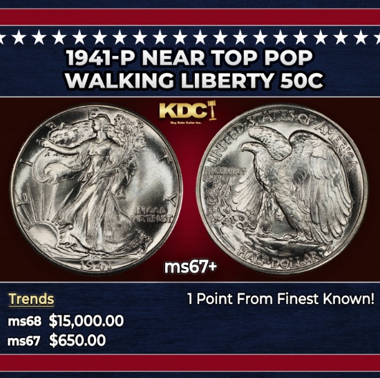 1941-p Walking Liberty Half Dollar Near Top Pop 50c ms67+ SEGS