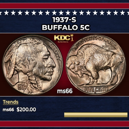 1937-s Buffalo Nickel 5c Grades ms66