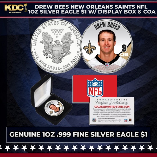 Drew Bees New Orleans Saints NFL 1oz Silver Eagle $1 w/ Display Box & COA Other Toy