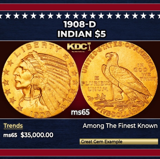 1908-d Gold Indian Half Eagle $5 ms65 USCG