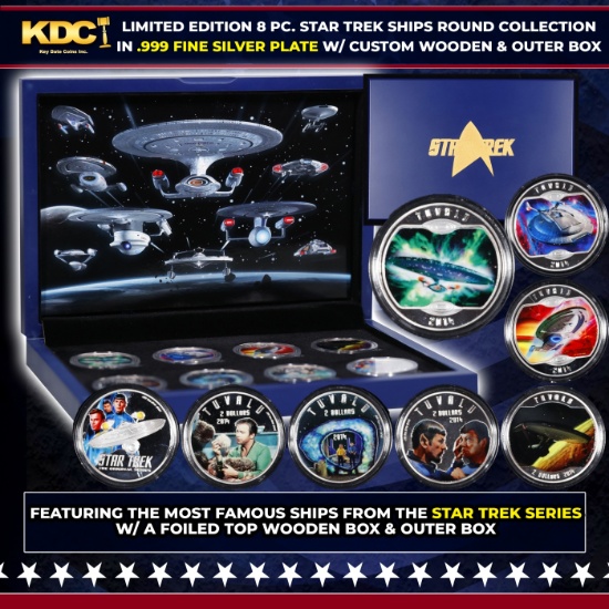 Limited Edition 8 Coin Star Trek Ships Silver Plated Collection In Custom WOODEN Box W/ Special B...