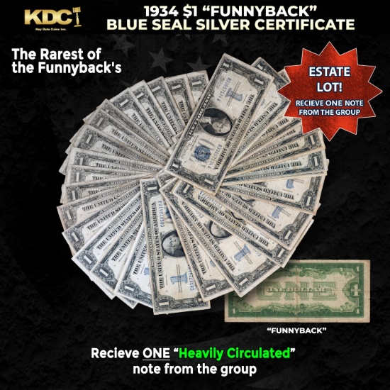 1x 1934 $1 Funnyback Blue Seal Silver Certificate Heavily Circulated