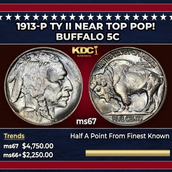 1913-p Ty II Buffalo Nickel Near Top Pop! 5c ms67 SEGS