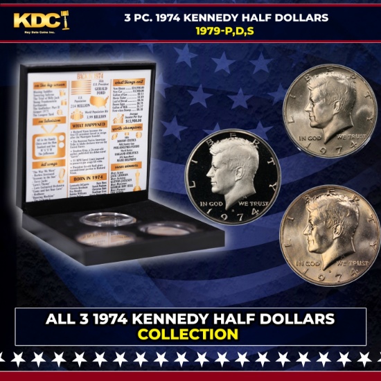Complete 3 PC. 1974 Kennedy Half Dollar 50c set In Custom Box W/ Special Backer Card BU & Proof C...