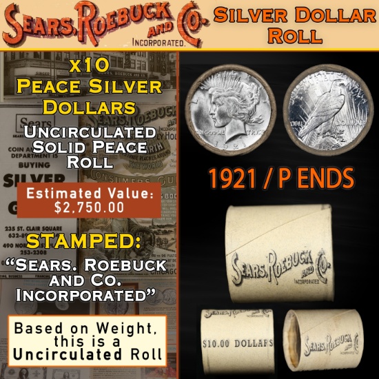 Uncirculated Peace Dollar 10 Coin Roll SEARS 1921/'P' Rev End