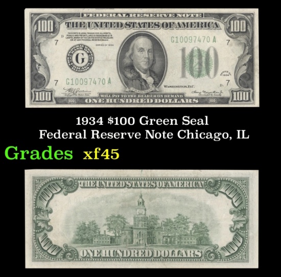 1934 $100 Green Seal Federal Reserve Note Chicago, IL Grades xf+