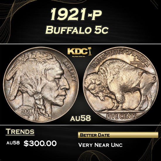 1921-p Buffalo Nickel 5c Grades au58