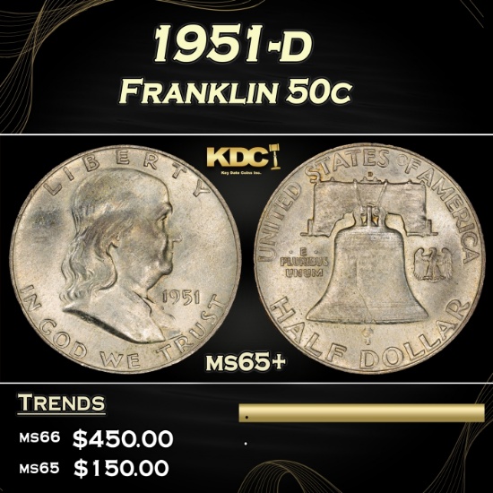 1951-d Franklin Half Dollar 50c Grades ms65+