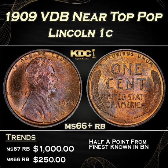 1909 VDB Lincoln Cent Near Top Pop 1c ms66+ rb SEGS