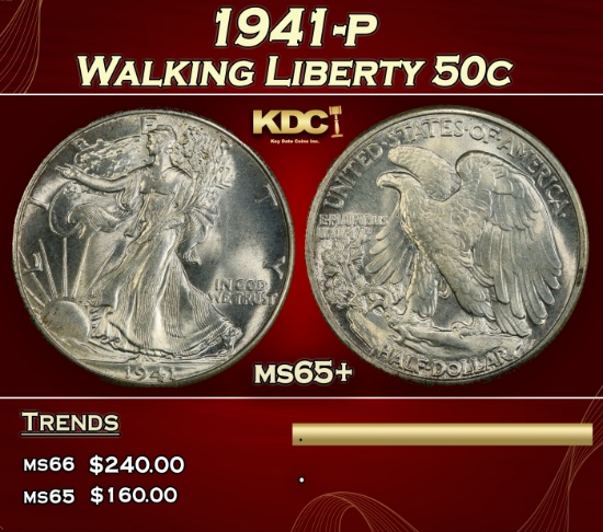 1941-p Walking Liberty Half Dollar 50c Grades ms65+