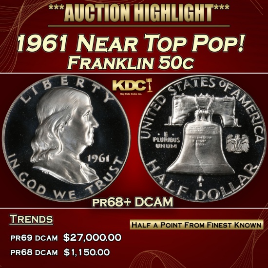 1961 Proof Franklin Half Dollar Near Top Pop! 50c pr68+ DCAM SEGS