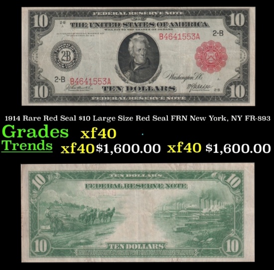 1914 $10 Large Size Red Seal FRN Rare Red Seal New York, NY Grades xf FR-893