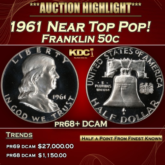 1961 Proof Franklin Half Dollar Near Top Pop! 50c pr68+ DCAM SEGS