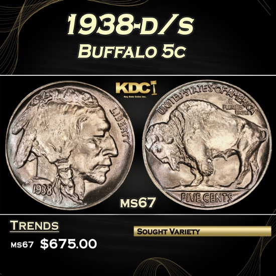 1938-d/s Buffalo Nickel 5c ms67 SEGS