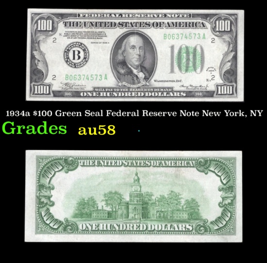 1934a $100 Green Seal Federal Reserve Note New York, NY Grades Choice AU/BU Slider