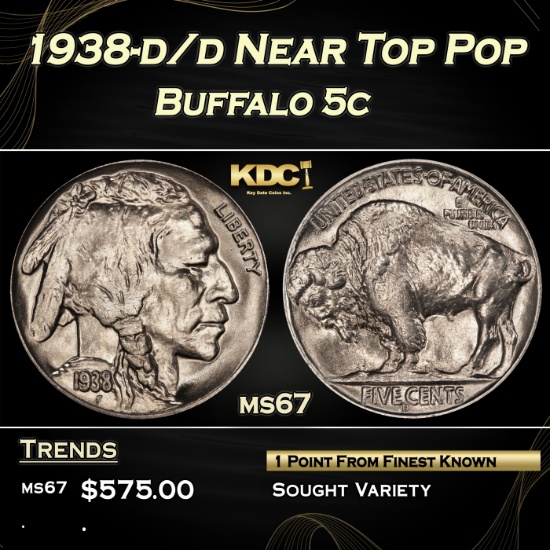 1938-d/d Buffalo Nickel Near Top Pop 5c ms67 SEGS