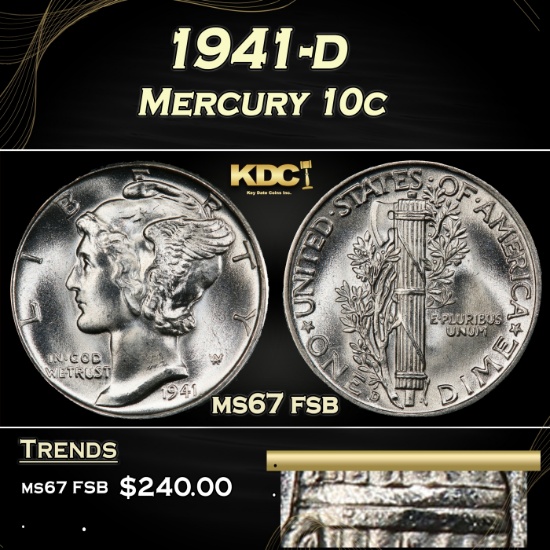 1941-d Mercury Dime 10c ms67 fsb SEGS