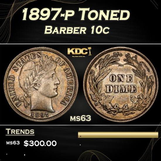 1897-p Barber Dime Toned 10c Grades ms63