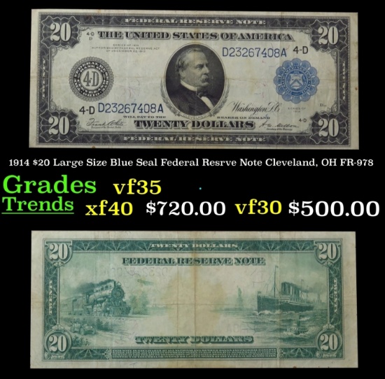 1914 $20 Large Size Blue Seal Federal Resrve Note Cleveland, OH Grades vf++ FR-978