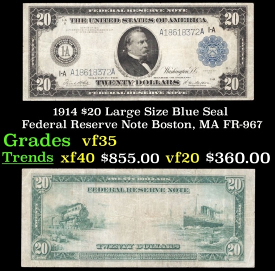 1914 $20 Large Size Blue Seal Federal Resrve Note Boston, MA Grades vf++ FR-967