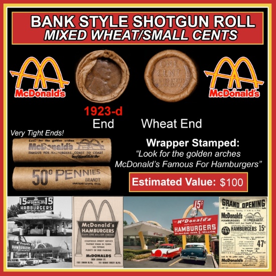 Lincoln Wheat Cent 1c Mixed Roll Orig Brandt McDonalds Wrapper, 1923-s end, Wheat other end