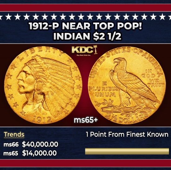 1912-p Gold Indian Quarter Eagle Near Top Pop! $2 1/2 ms65+ SEGS
