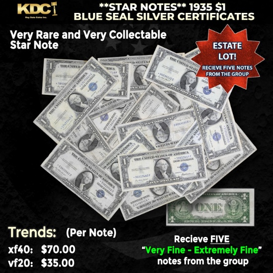 5x **STAR NOTES** 1935 $1 Blue Seal Silver Certificates Grades VF/XF