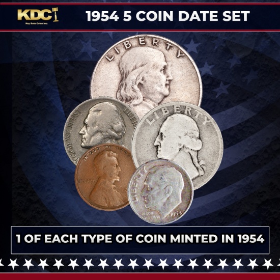 1954 5 Coin Date Set, 1 Of Each Type Of Coin Minted in 1954